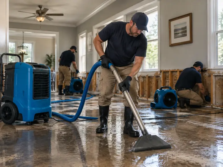Technicians extracting water and setting dehumidifiers and air movers