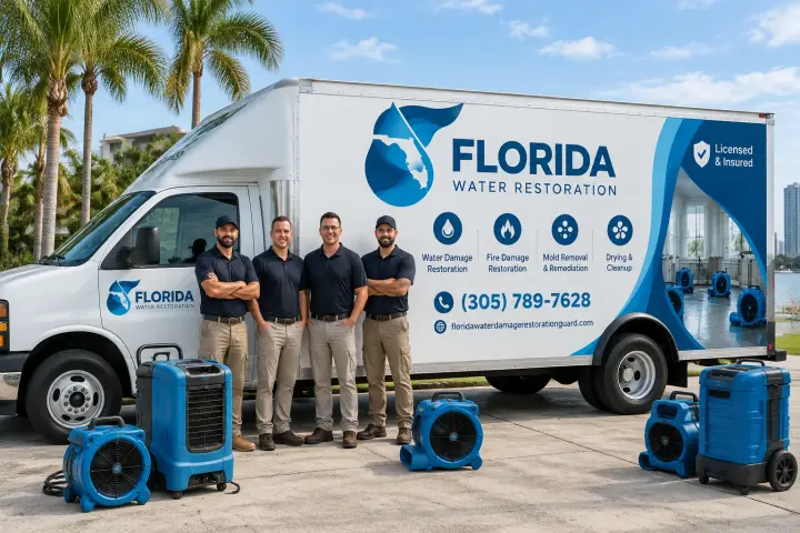 Water damage restoration crew with drying equipment and service truck