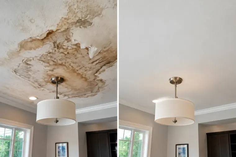 Before and after: ceiling water damage repair