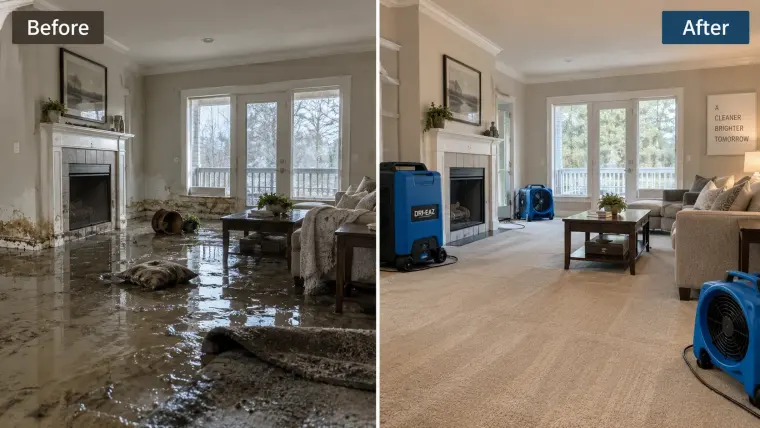 Before and after: living room flood extraction & drying