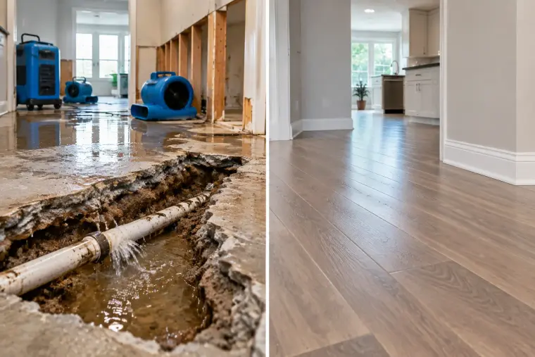 Before and after: slab & subfloor leak repair